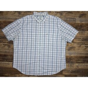 Nautica Plaid Button Down Shirt XXL White Blue Red Short Sleeve Casual Top